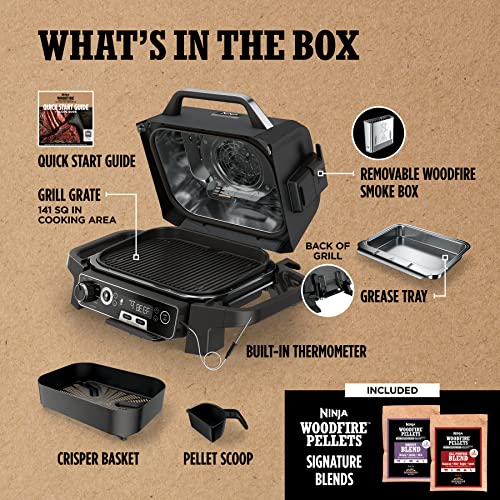 Ninja OG751BRN Woodfire Pro Outdoor Grill & Smoker with Built-In Thermometer, 7-in-1 Master Grill, BBQ Smoker, Air Fryer, Bake, Roast, Dehydrate, Broil, Ninja Woodfire Pellets, Portable,Electric, Grey