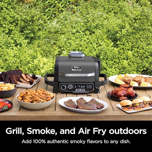 Ninja OG751BRN Woodfire Pro Outdoor Grill & Smoker with Built-In Thermometer, 7-in-1 Master Grill, BBQ Smoker, Air Fryer, Bake, Roast, Dehydrate, Broil, Ninja Woodfire Pellets, Portable,Electric, Grey