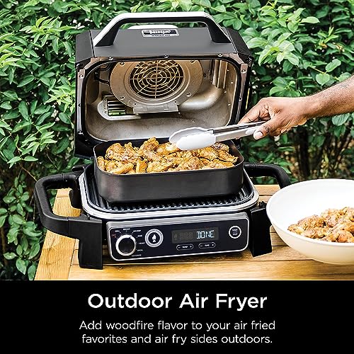 Ninja OG701 Woodfire Outdoor Grill & Smoker, 7-in-1 Master Grill, BBQ Smoker, Air Fryer plus Bake, Roast, Dehydrate, & Broil uses Woodfire Pellets(1 Pack Included), Portable, Electric, Grey(Renewed)
