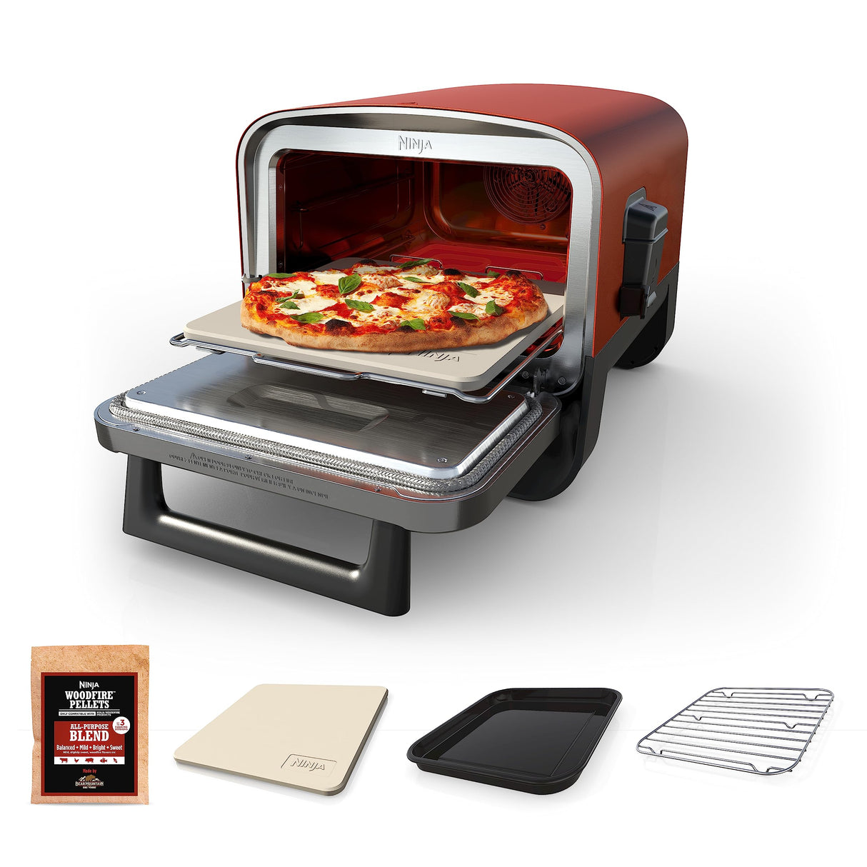 Ninja Woodfire Pizza Oven, 8-in-1 outdoor oven, 5 Pizza Settings, Ninja Woodfire Technology, 700°F high heat, BBQ smoker, wood pellets, pizza stone, electric heat, portable, terracotta red, OO101