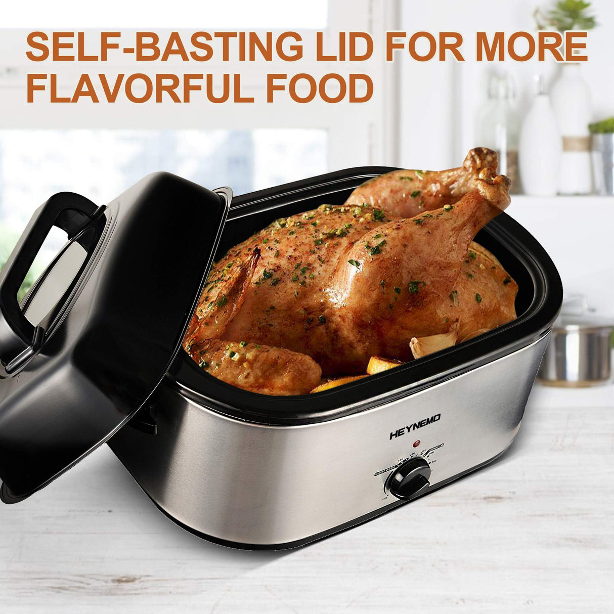 Roaster Oven, 24Qt Electric Roaster Oven, Turkey Roaster Oven Buffet with Self-Basting Lid, Removable Pan, Cool-Touch Handles, 1450W Stainless Steel Roaster Oven, Silver